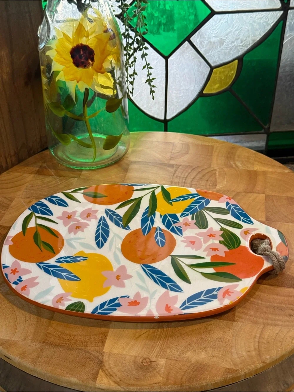 Colorful Citrus Floral Earthenware Serving Board with Rope Handle